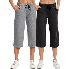 SPECIALMAGIC Women's 2 Pack Capri Pants Loose Yoga Cotton Capris Sweatpants 3 Pockets Wide Leg Drawstring Pajama Pants Black+ Grey 3XL
