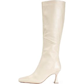Black Leather Knee High Tall Boots for Women Sexy Square Toe Stiletto Heeled Boots Dressy with Side Zipper