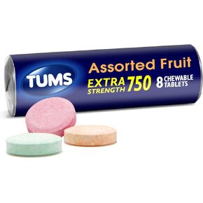 TUMS Extra Strength Antacid Tablets for Chewable Heartburn Relief and Acid Indigestion Relief, Assorted Fruit Flavors - 8 Count Roll