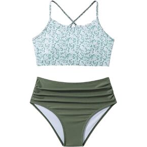 SHENHE Girl's 2 Piece Swimsuit Floral Criss Cross Bathing Suit Ruched High Waist Bikini Set