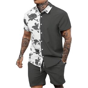 OYOANGLE Men's 2 Piece Vacation Outfits Tropical Hawaiian Button Down Shirt and Shorts Set Dark Grey XX-Large