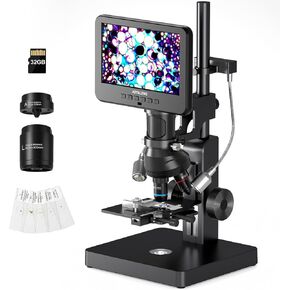 JL266S 5 Lens HDMI Digital Microscope 5000X, 24MP Biological Microscope for Adults Kids Home Lab, Error Coin Microscope for Full View, 7'' IPS LCD Screen, Windows PC Compatible, 32GB Card