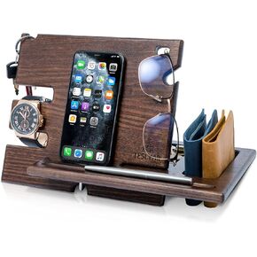 Wood Phone Docking Station Ash Key Holder Wallet Stand Watch Organizer Men Husband Wife Anniversary Dad Birthday Nightstand Purse Father Graduation Male Travel Idea Gadgets (Beige)