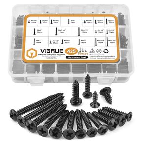 VIGRUE 300PCS M3/M4/M5/M6 Phillips Pan Head Wood Screw Assortment Kit, 304 Stainless Steel Self Tapping Screws Assortment Set (Silver Metric)
