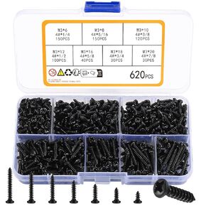 620pcs Phillips Pan Head Self Tapping Screws, Round Head Sheet Metal Screws, Metric 4# Stainless Steel Self Drilling Truss Head Wood Screws Assortment Kit for Deck Drywall Concrete Screws