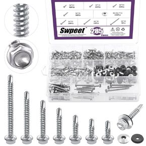 Swpeet 70Pcs 410 Stainless Steel #10 x 1-1/2" Hex Washer Head Self Drilling Screws with Stainless Steel #10 x 1/2" Neoprene EPDM Bonded Sealing Washers Gasket Kit, Self Tapping Sheet Metal Tek Screws