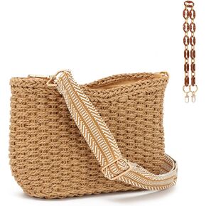 KUANG! Straw Woven Shoulder Bag for Women Summer Beach Tote Bag Crossbody Handbag Satchel Chain Purse
