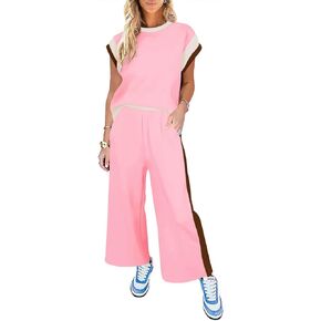 Imily Bela Womens 2 Piece Outfits Sets Cap Sleeve T-Shirts and Wide Leg Pants Patchwork Casual Summer Tractsuits