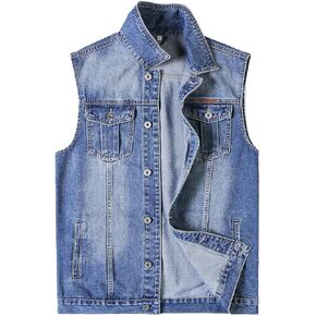 Men's Denim Vest Motorcycle Unlined Biker Plus Size Sleeveless Jean Vest Jacket