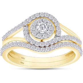 SAVEARTH DIAMONDS Round Cut Diamond Moissanite Lab Created Double Halo Split Shank Swirl Engagement Wedding Ring Set Bridal Jewelry for Women in 18k Gold Plated 925 Sterling Silver 0.60 Cttw, G-H/VVS1