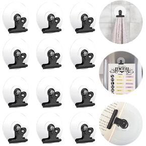 Self Adhesive Metal Clips, 12 Pcs Upgrade Strong self-Adhesive Clips for Hanging and Organization, Spring Clip for Paper Poster Tapestry Photo Wall Teacher Student Home Kitchen Office, Black