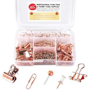 Push Pins Binder Clips Paper Clips Map Tacks Sets, 5 Styles 396 Pcs Rose Gold Pack for Office, School and Home Supplies (Pin and Clips)