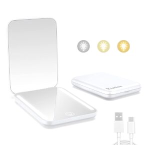 Kintion Rechargeable Pocket Mirror, Double Sided 1X/3X Magnification Compact Vanity Mirror, 3 Color Lights, Dimmable, Small Portable Wallet Mirror, Lighted Travel Mirror for Women Gifts, Black