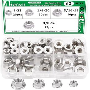 مجموعة متنوعة من صواميل سداسية من الفولاذ المقاوم للصدأ 304، 4 مقاسات SAE 62 قطعة، 8-32، 1/4-20، 5/16-18، 3/8-16 Q-073-BOX in Kuwait