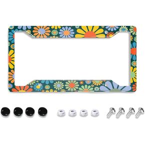 Personalized License Plate Frame Metal Aluminum Abstract Hippie Flower License Plate Cover Car Holder with 4 Holes and Screws For Women Men Auto Decoration For USA Canada Vehicles Standard(12"x6")