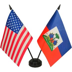 America & Haiti Friendship Twin Desk Flag, US Haiti Table Flags, 8 x 5 Inches American & Haitian Deluxe Desk Flag Set - Miniature USA & Haiti Stick Flag with Flag Stand