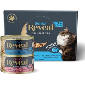 Reveal Natural Senior Cat Food, Grain Free Wet Senior Cat Food, Limited Ingredient Food for Senior Cats, Fish Variety, Mousse with Flakes, 8 x 2.47 oz