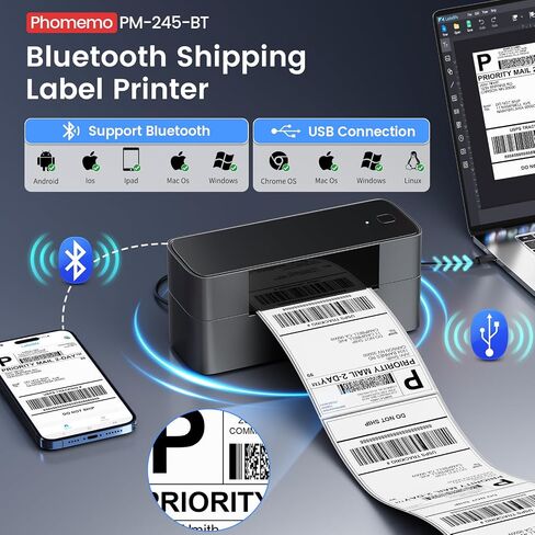 Phomemo Bluetooth Thermal Label Printer, 4x6 Thermal Shipping Label Printer for Small Business, 245-BT Bluetooth Shipping Label Printer for Shipping Packages, Compatible with iPhone, USPS, Amazon in Saudi Arabia