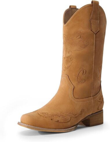 DREAM PAIRS Women's Cowboy Boots Mid Calf Cowgirl Boots Embroidery Stitched Square Toe Western Boots in Kuwait