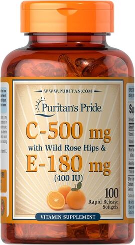 Puritan's Pride Vitmain C 500 mg & E 180 mg with Rose Hips for Immune & Antioxidant Support by Puritan's Pe for Healthy Skin and Immune System Support, 100 Softgels in Kuwait