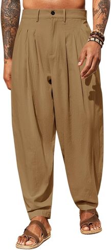 Runcati Mens Linen Baggy Pants Pleated Casual Harem Pants Beach Hippie Summer Trousers in Saudi Arabia