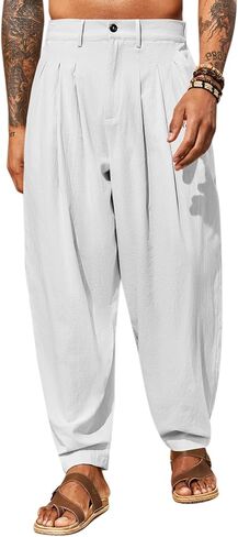 Runcati Mens Linen Baggy Pants Pleated Casual Harem Pants Beach Hippie Summer Trousers in Saudi Arabia