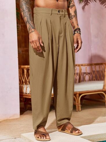 Runcati Mens Linen Baggy Pants Pleated Casual Harem Pants Beach Hippie Summer Trousers in Saudi Arabia