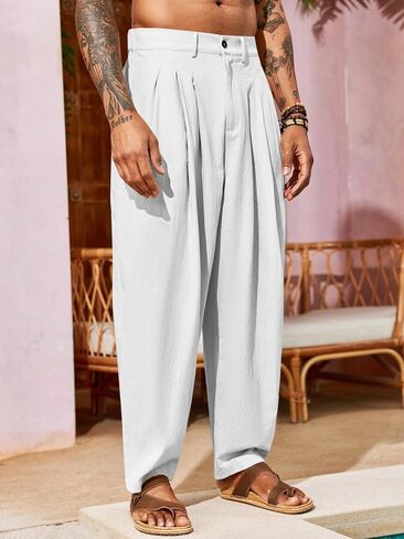 Runcati Mens Linen Baggy Pants Pleated Casual Harem Pants Beach Hippie Summer Trousers in Saudi Arabia
