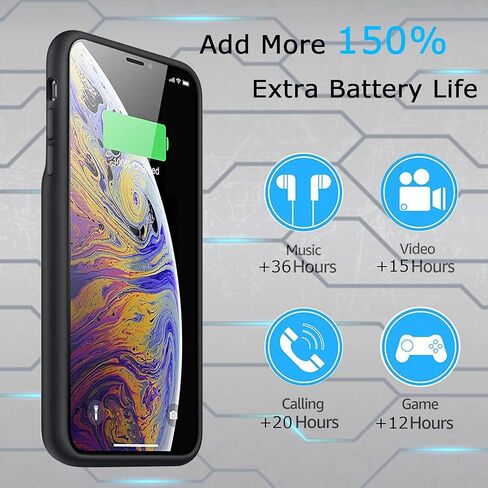 Battery Case for iPhone Xs Max, Enhanced 10000mAh Ultra-Slim Rechargeable Portable Protective Charging Case Extended Battery Pack Compatible with iPhone Xs Max (6.5 inch) Charger Case (Black) in Kuwait