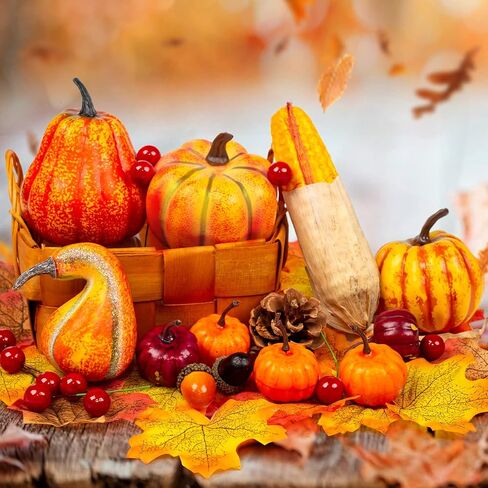 Artificial Pumpkins, 19PCS Harvest Fruits with 30PCS Artificial Maple Leaves Fake Pumpkins and Gourds Pine Cones Acorns for Halloween Thanksgiving Decorations in Saudi Arabia