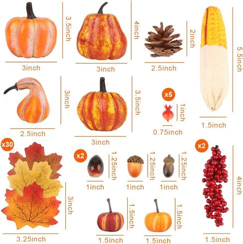 Artificial Pumpkins, 19PCS Harvest Fruits with 30PCS Artificial Maple Leaves Fake Pumpkins and Gourds Pine Cones Acorns for Halloween Thanksgiving Decorations in Saudi Arabia