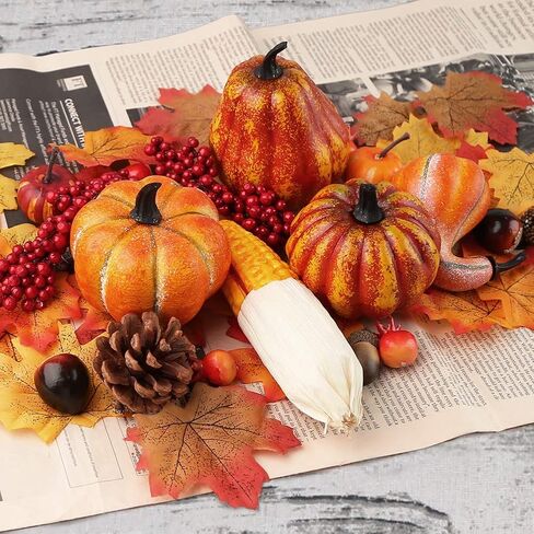 Artificial Pumpkins, 19PCS Harvest Fruits with 30PCS Artificial Maple Leaves Fake Pumpkins and Gourds Pine Cones Acorns for Halloween Thanksgiving Decorations in Saudi Arabia
