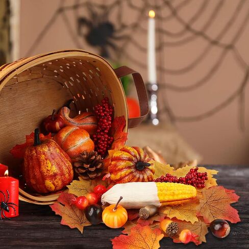 Artificial Pumpkins, 19PCS Harvest Fruits with 30PCS Artificial Maple Leaves Fake Pumpkins and Gourds Pine Cones Acorns for Halloween Thanksgiving Decorations in Saudi Arabia