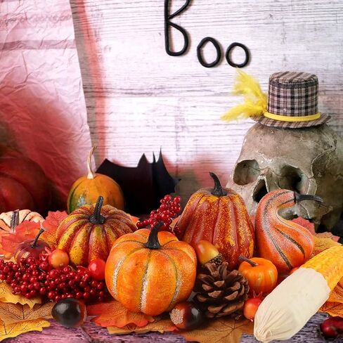 Artificial Pumpkins, 19PCS Harvest Fruits with 30PCS Artificial Maple Leaves Fake Pumpkins and Gourds Pine Cones Acorns for Halloween Thanksgiving Decorations in Saudi Arabia