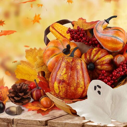 Artificial Pumpkins, 19PCS Harvest Fruits with 30PCS Artificial Maple Leaves Fake Pumpkins and Gourds Pine Cones Acorns for Halloween Thanksgiving Decorations in Saudi Arabia