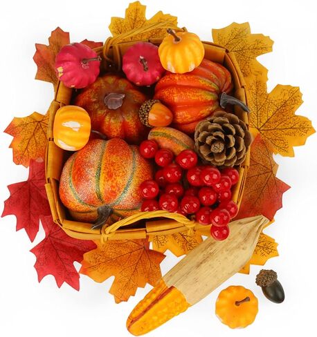 Artificial Pumpkins, 19PCS Harvest Fruits with 30PCS Artificial Maple Leaves Fake Pumpkins and Gourds Pine Cones Acorns for Halloween Thanksgiving Decorations in Saudi Arabia