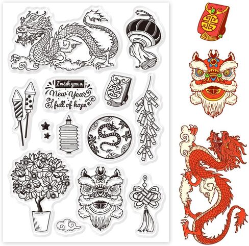 PH PandaHall Year of The Dragon Patterns Clear Stamps for Card Making, Lantern Rubber Stamps Transparent Paper Craft Stamps for DIY Scrapbooking Stamps Spring Festival Decoration Paper Photo Card in Kuwait