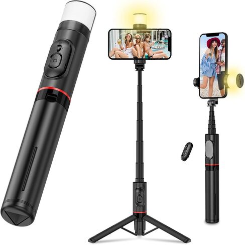 Selfie Stick Tripod with Light - Extendable 3-in-1 Phone Tripod Stand, Detachable Wireless Remote, Compatible with iPhone 15 14/14 Pro Max/13/13 Pro/12/11 Pro, Samsung/Galaxy (Black) in Saudi Arabia