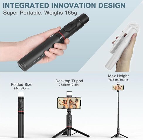 Selfie Stick Tripod with Light - Extendable 3-in-1 Phone Tripod Stand, Detachable Wireless Remote, Compatible with iPhone 15 14/14 Pro Max/13/13 Pro/12/11 Pro, Samsung/Galaxy (Black) in Saudi Arabia