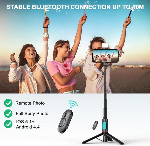 Selfie Stick Tripod with Light - Extendable 3-in-1 Phone Tripod Stand, Detachable Wireless Remote, Compatible with iPhone 15 14/14 Pro Max/13/13 Pro/12/11 Pro, Samsung/Galaxy (Black) in Saudi Arabia