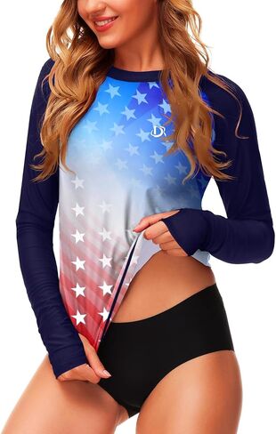 American Flag Womens Rashguard Long Sleeve Sun Protective Patriotic Summer Water Shirts M in Kuwait