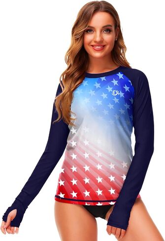 American Flag Womens Rashguard Long Sleeve Sun Protective Patriotic Summer Water Shirts M in Kuwait