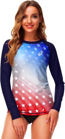 American Flag Womens Rashguard Long Sleeve Sun Protective Patriotic Summer Water Shirts M in Kuwait