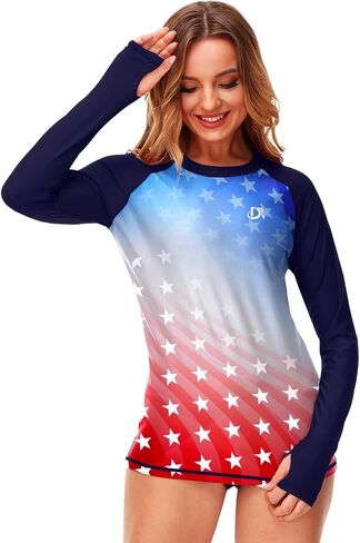American Flag Womens Rashguard Long Sleeve Sun Protective Patriotic Summer Water Shirts M in Kuwait