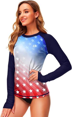 American Flag Womens Rashguard Long Sleeve Sun Protective Patriotic Summer Water Shirts M in Kuwait