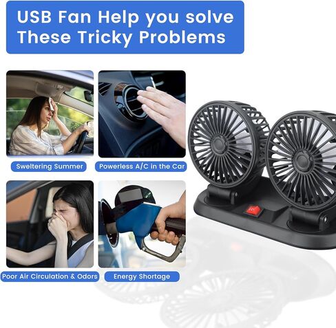مروحة USB، مروحة سيارة مزدوجة الرأس قابلة للتعديل 360 درجة، مروحة تبريد السيارة الكهربائية المحمولة مع رياح قوية، مروحة صغيرة USB صغيرة للوحة القيادة SUV RV شاحنة سيدان مكتب المنزل المكتبي in Kuwait