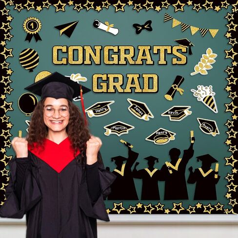 Black Gold Graduation Bulletin Board Decoration Class of 2024 Bulletin Board Cutout Graduation Bulletin Board Border for 2024 Middle High School Graduation Classroom Chalkboard Decor in Saudi Arabia
