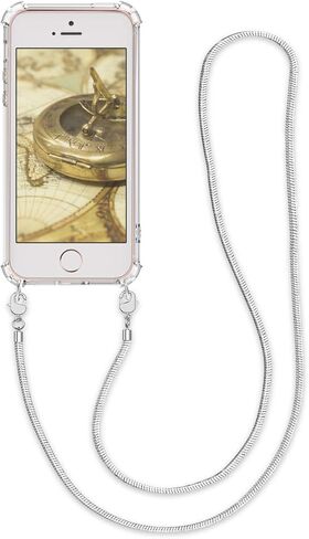 kwmobile Case Compatible with Apple iPhone SE (1.Gen 2016) / iPhone 5 / iPhone 5S - Crossbody Case Clear Transparent TPU Phone Cover with Metal Chain Strap - Transparent/Silver in Saudi Arabia