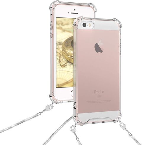 kwmobile Case Compatible with Apple iPhone SE (1.Gen 2016) / iPhone 5 / iPhone 5S - Crossbody Case Clear Transparent TPU Phone Cover with Metal Chain Strap - Transparent/Silver in Saudi Arabia