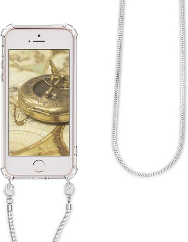 kwmobile Case Compatible with Apple iPhone SE (1.Gen 2016) / iPhone 5 / iPhone 5S - Crossbody Case Clear Transparent TPU Phone Cover with Metal Chain Strap - Transparent/Silver in Saudi Arabia